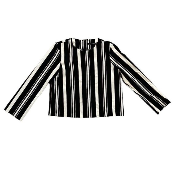 Zara Woman Black Red & White Stripe Collarless Cropped Blouse Size Medium - Picture 7 of 11
